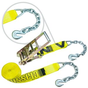 VULCAN Ratchet Strap with Chain Anchors - 3 Inch x 30 Foot - 2 Pack - Classic Yellow - 5,000 Pound Safe Working Load