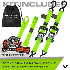 VULCAN Ratchet Strap Tie Down Kit - 1.6" x 8' - 3X Stronger Than 1" Tie Downs - Green - (2) Ratchets With Rubber Handles, (2) 8' Straps With Latching S-Hooks, (2) Soft Loop Tie-Down Extensions