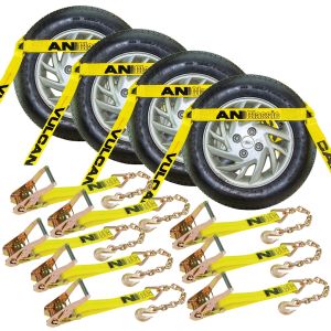VULCAN Car Tie Down with Chain Anchors - Flat Bed Side Rail - 4 Pack - Classic Yellow - 3,300 Pound Safe Working Load