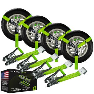 Tie-Down Loop Straps w/Mini J Hook & Chain Ratchets GREEN 4-Pack