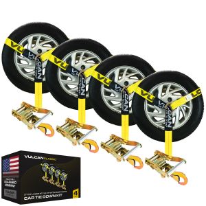 VULCAN Car Tie Down with Snap Hooks - Lasso Style - 2 Inch x 96 Inch - 4 Pack - Classic Yellow - 3,300 Pound Safe Working Load