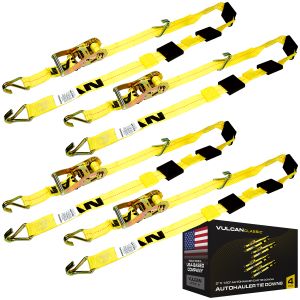 VULCAN Autohauler Car Tie Down with J Hooks - Sliding Idler 3-Cleat - 120 Inch - 4 Pack - Classic Yellow - 1,600 Pound Safe Working Load