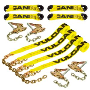 VULCAN 8-Point Roll Back Vehicle Tie Down Kit with Chain Tails on Both Ends - Set of 4 - Classic Yellow
