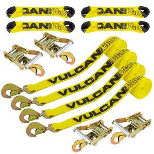 VULCAN 8-Point Roll Back Vehicle Tie Down Kit with Snap Hooks on Both Ends - Set of 4 - Classic Yellow