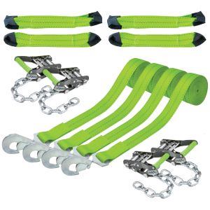 VULCAN 8-Point Vehicle Tie Down Kit with Snap Hook on Strap Ends and Chain Tail on Ratchet Ends - Set of 4 - Reflective High-Viz