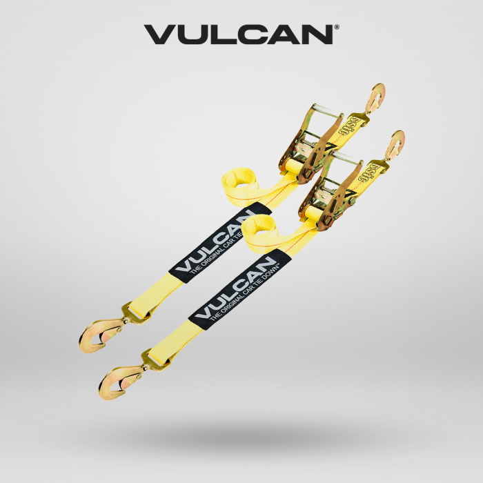 Vulcan Car Tie Down with Twisted Snap Hooks - 2 inch x 96 inch - 2 Pack - Classic Yellow - 3,300 Pound Safe Working Load