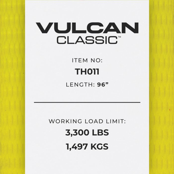 Vulcan Car Tie Down - Flat Hooks - Lasso Style - 2 inch x 96 inch - 2 Pack - Classic Yellow - 3,300 Pound Safe Working Load