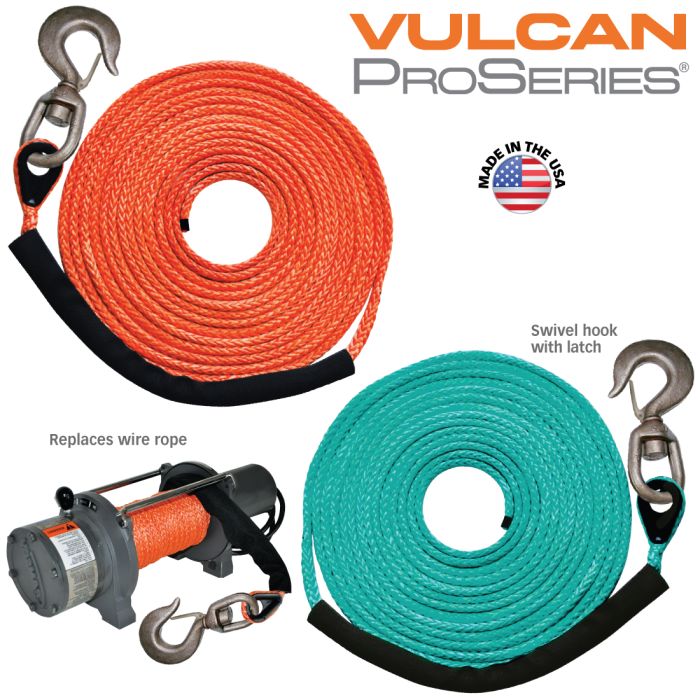 Vulcan Dyneema Synthetic Rope Winch Line - Swivel Hook - 3/8 inch x 50 Foot - Orange - 16,400 Pound MBS - 4,100 Pound Safe Working Load
