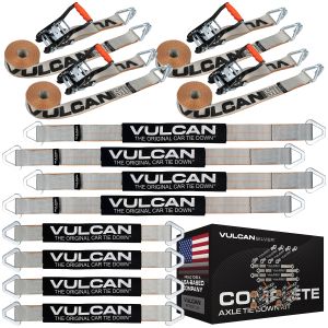 VULCAN Complete Axle Strap Tie Down Kit with Wire Hook Ratchet Straps - Silver Series - Includes (4) 22 Inch Axle Straps, (4) 36 Inch Axle Straps, and (4) 15' Wire J Hook Ratchet Straps