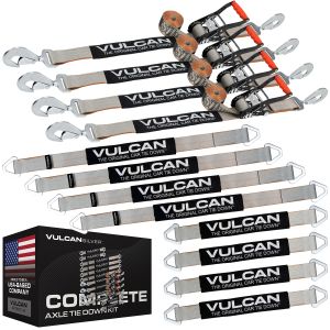 VULCAN Complete Axle Strap Tie Down Kit with Snap Hook Ratchet Straps - Silver Series - Includes (4) 22 Inch Axle Straps, (4) 36 Inch Axle Straps, and (4) 8' Snap Hook Ratchet Straps