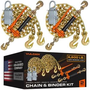 VULCAN Chain, Load Binder, and D Ring Kit - (2) Grade 70 3/8”x10” Chains, (2) Folding Handle Load Binders, (2) D Rings - 4,700 Pound Safe Working Load