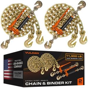 VULCAN Chain and Load Binder Kit - (2) Grade 70 1/2 Inch x 10 Foot Chains And (2) Folding Handle Load Binders - 9,200 Pound Safe Working Load