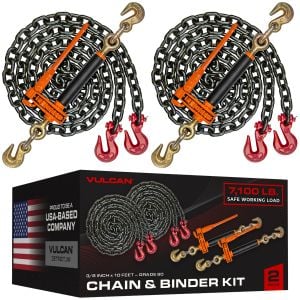 VULCAN Chain and Load Binder Kit - (2) Grade 80 3/8 Inch x 10 Foot Chains And (2) Folding Handle Load Binders - 7,100 Pound Safe Working Load