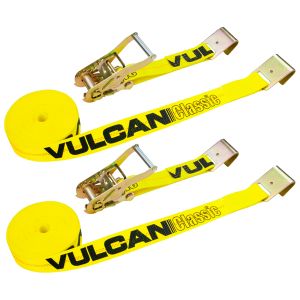 VULCAN Ratchet Strap with Flat Hooks - 2 Inch x 27 Foot - 2 Pack - YELLOW - 3,300 Pound Safe Working Load