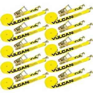 VULCAN Ratchet Strap with Wire Hooks - 2 Inch x 27 Foot - 10 Pack - Classic Yellow - 3,300 Pound Safe Working Load