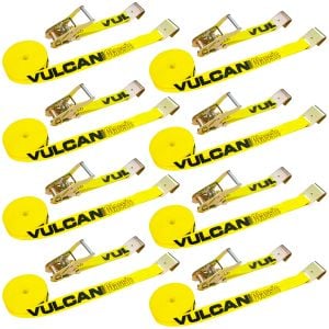 VULCAN Ratchet Strap with Flat Hooks - 2 Inch x 30 Foot - 8 Pack - Classic Yellow - 3,300 Pound Safe Working Load