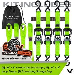 VULCAN Ratchet Strap Tie Down Kit - 1.6" x 8' - 3X Stronger Than 1" Tie Downs - Green - (4) Ratchets With Rubber Handles, (4) 8' Straps With Latching S-Hooks, (4) Soft Loop Tie-Down Extensions