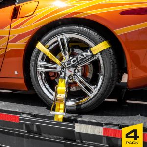 VULCAN Car Tie Down with Flat Hooks - Lasso Style - 2 Inch x 96 Inch - 4 Pack - Classic Yellow - 3,300 Pound Safe Working Load