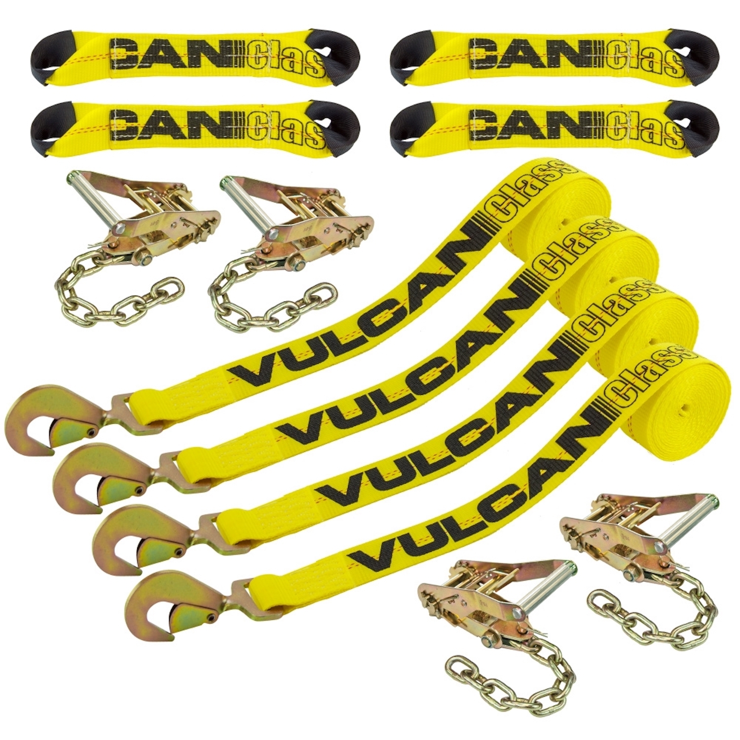 VULCAN 8-Point Roll Back Vehicle Tie Down Kit with Snap Hook on Strap Ends  and Chain Tail on Ratchet Ends Set of Classic Yellow
