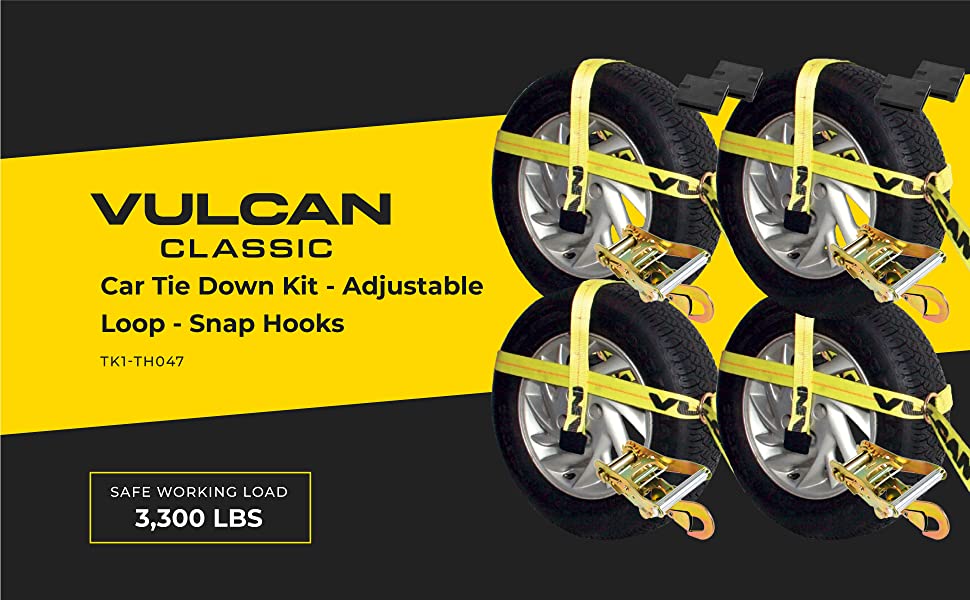 VULCAN Adjustable Loop Car Tie Down Kit - Snap Hooks (4 Straps & 4